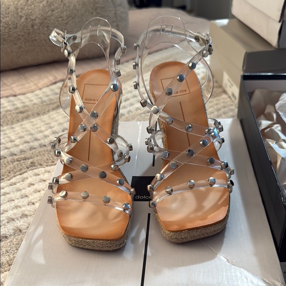 Clear Studded Strappy Platform Sandals in Tan and Clear